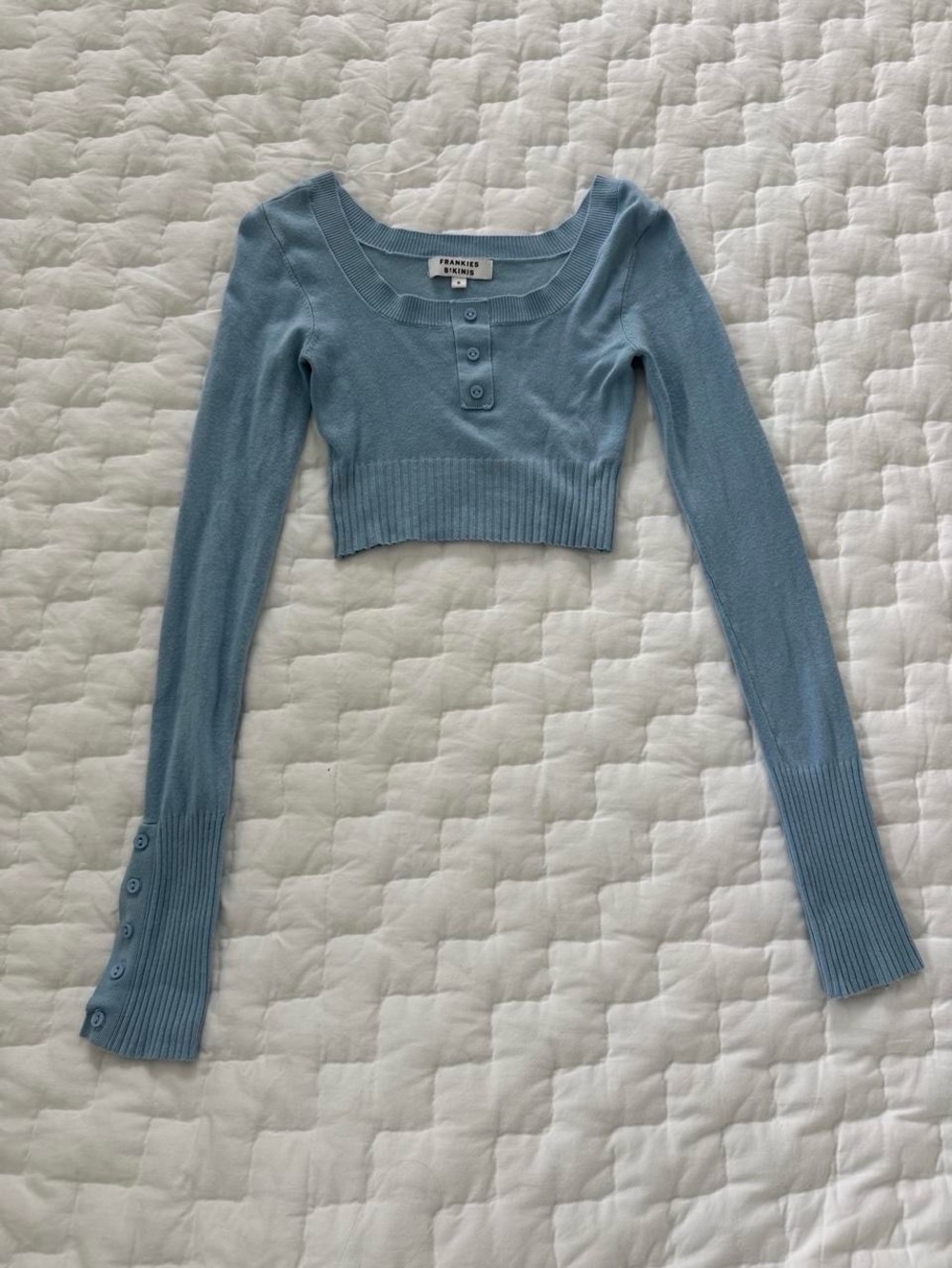 Frankie's Bikinis Powder Blue Ribbed Crop Henley Long Sleeve Top